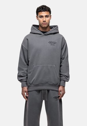 Gray hooded sweatshirt with a front pocket, loose fit, and printed logos. Made of soft fabric, featuring ribbed cuffs and hem.