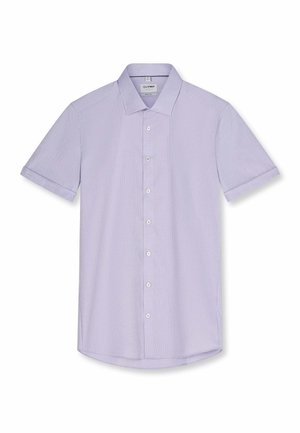 Chemise courte à manches courtes violet clair avec col classique et tissu à texture fine, présentée à plat sur fond blanc.