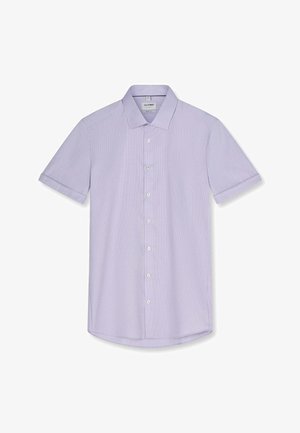 Camicia viola chiaro a maniche corte con bottoni, colletto classico e tessuto a trama fine, mostrata distesa su sfondo bianco.