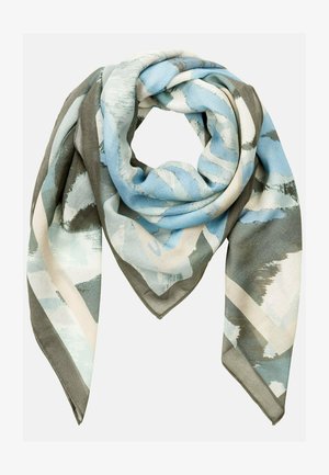 Lichte sjaal met een abstract patroon in blauw, grijs en crème. Gemaakt van zachte stof met een driehoekige vorm en afgewerkte randen.