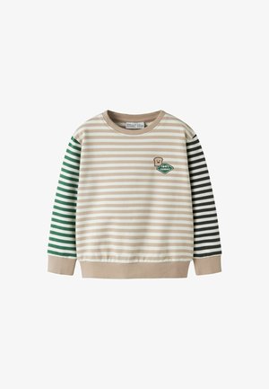 Sweat-shirt enfant à rayures beiges et blanches, manches à rayures vertes et noires, poignets couleur sable et petit écusson toast portant la mention « 100% Yummy ».