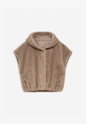 Bruine nep bont omslag met een capuchon, korte mouwen en elastische zoom. Zachte textuur, naadloze voorkeursluiting en geen zichtbare sluitingen of zakken.