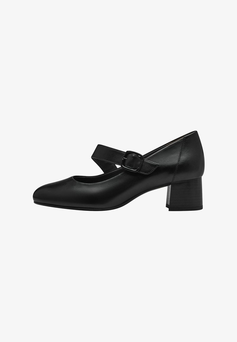 Chaussures Mary Jane en cuir noir avec un bout arrondi, une bride ajustable avec une boucle et un talon bloc de hauteur moyenne. Texture lisse.
