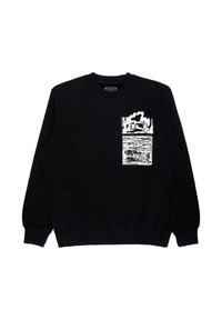 Schwarzer Sweatshirt mit einem weißen Grafikdesign im Bereich der vorderen Tasche. Aus weichem Stoff mit gerippten Bündchen und Saum gefertigt.
