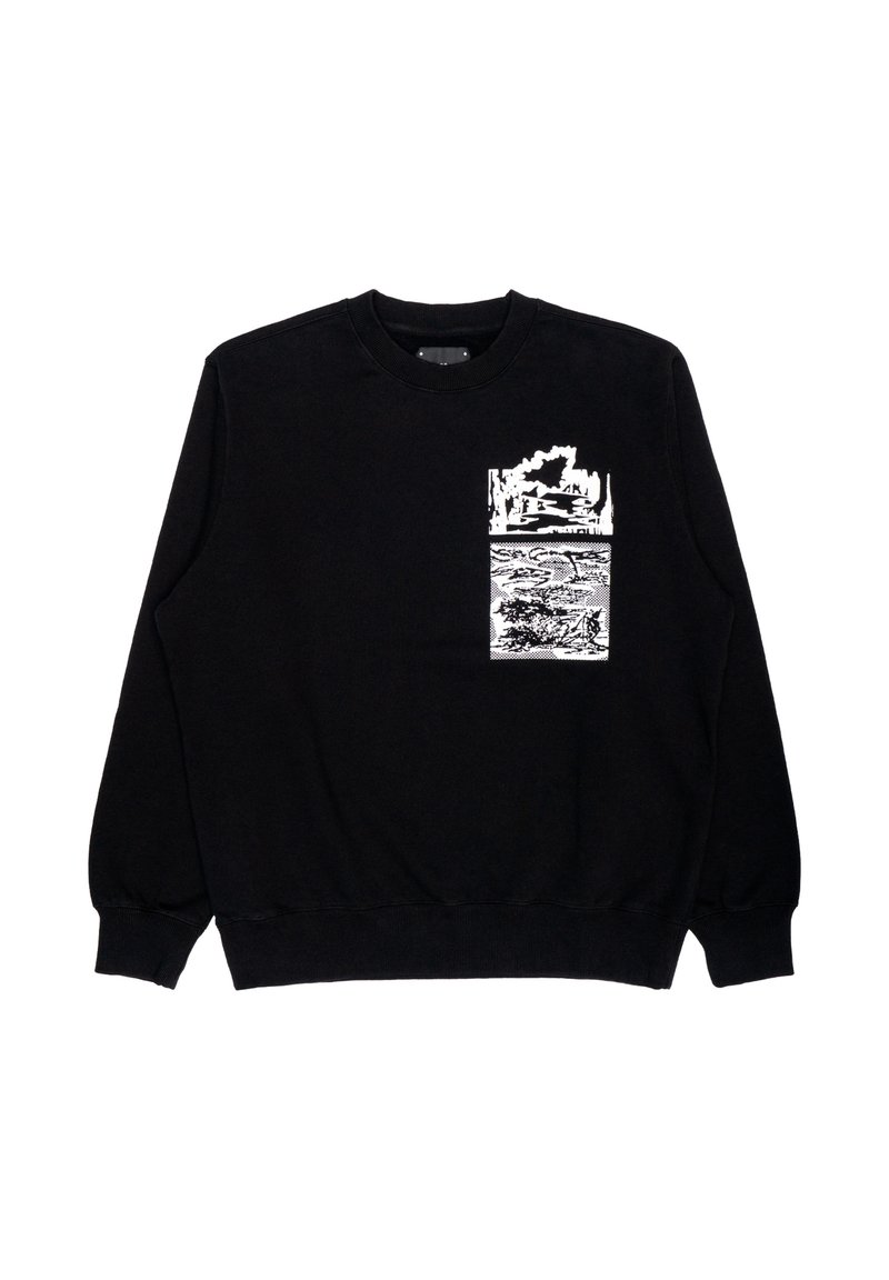 Schwarzer Sweatshirt mit einem weißen Grafikdesign im Bereich der vorderen Tasche. Aus weichem Stoff mit gerippten Bündchen und Saum gefertigt.