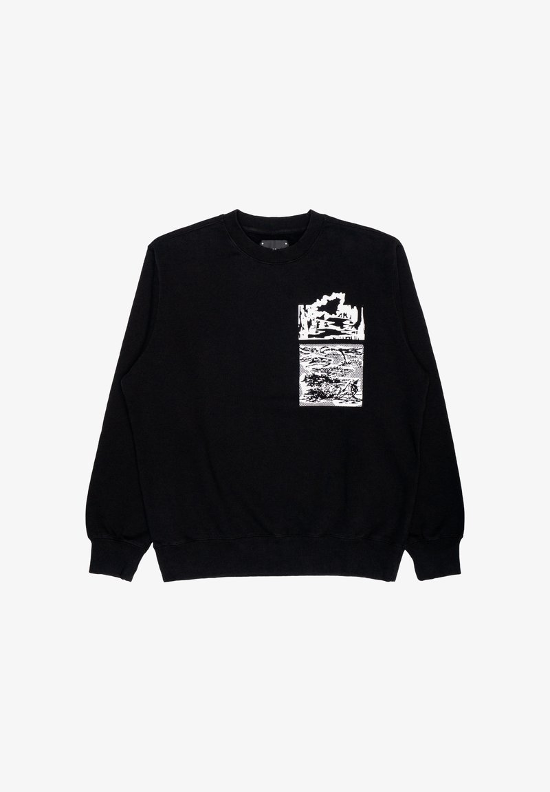 Schwarzer Sweatshirt mit einem weißen Grafikdesign im Bereich der vorderen Tasche. Aus weichem Stoff mit gerippten Bündchen und Saum gefertigt.