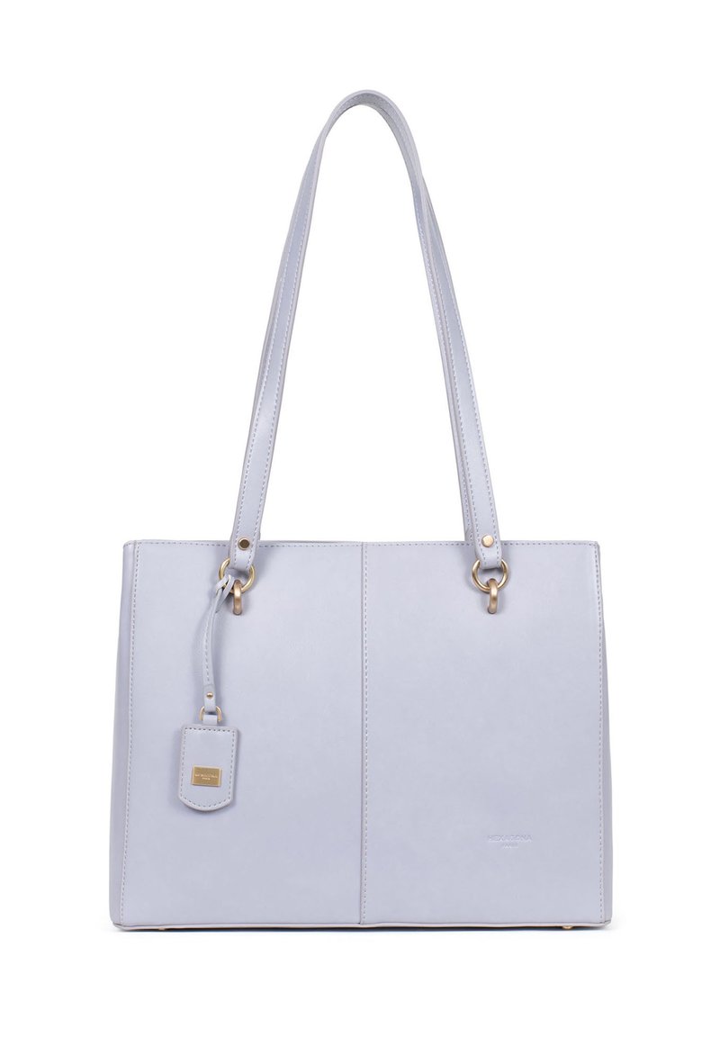 Borsa tote in pelle azzurro chiaro con doppio manico superiore, accessori in oro e una piccola targhetta con logo. Presenta una texture liscia e un design strutturato.