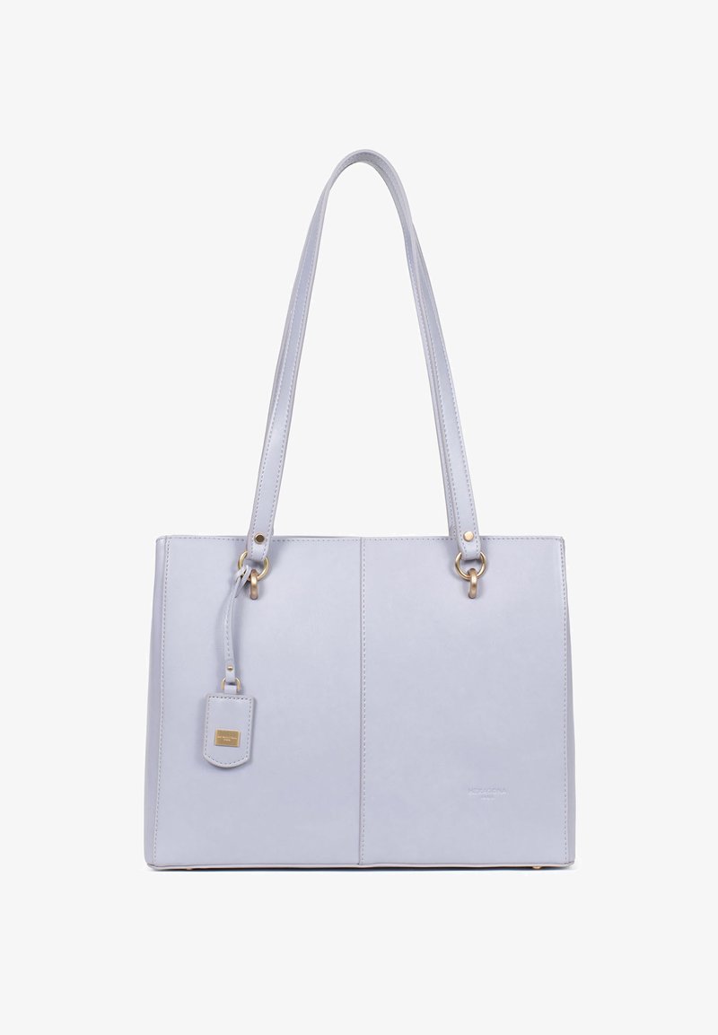 Borsa tote in pelle azzurro chiaro con doppio manico superiore, accessori in oro e una piccola targhetta con logo. Presenta una texture liscia e un design strutturato.