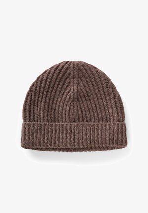 Brown ribbed knit beanie with a folded cuff. Made of soft material with a textured finish, featuring vertical lines throughout.