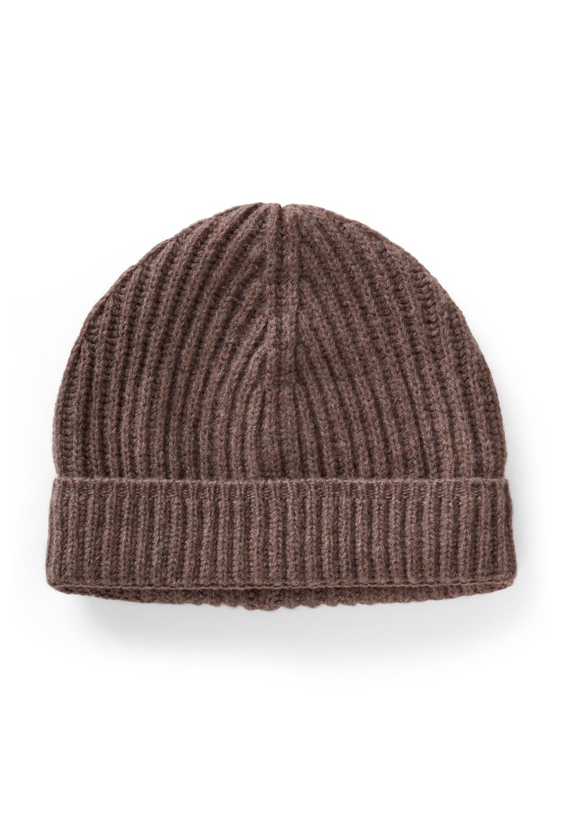 Brown ribbed knit beanie with a folded cuff. Made of soft material with a textured finish, featuring vertical lines throughout.