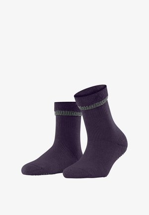 Calze viola con texture a coste e fascia verde a contrasto sul polsino, progettate per confort e calore. Suola antiscivolo.