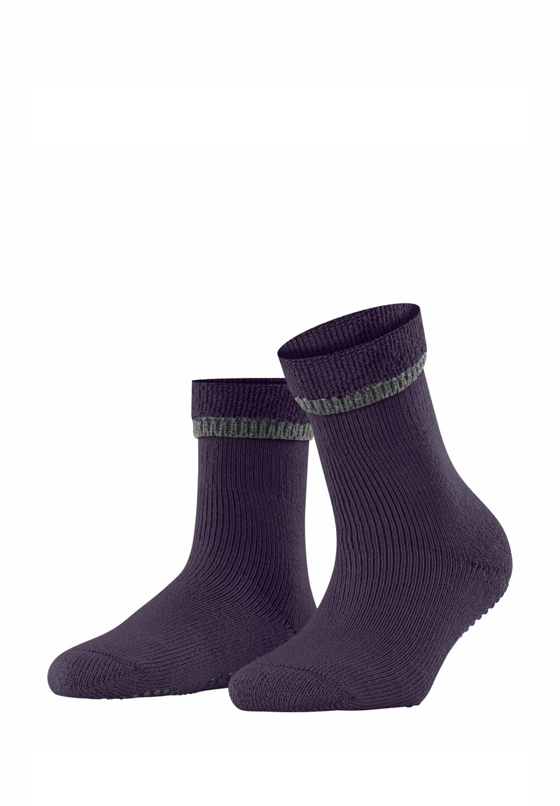 Calze viola con texture a coste e fascia verde a contrasto sul polsino, progettate per confort e calore. Suola antiscivolo.