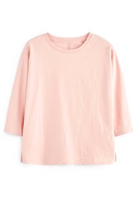 Helles rosa, langärmliges T-Shirt aus weichem Material mit rundem Ausschnitt, seitlichen Schlitzen und lockerer Passform. Glatte Textur, einfaches Design.