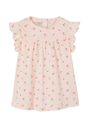 Hellrosa Baby-Kleid mit kurzen Rüschenärmeln und kleinem rotem Kirschmuster, aus Bio-Baumwolle, Größe 6 Monate, 67 cm.