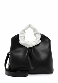 Czarna skórzana torebka z białym, marszczonym uchwytem. Posiada miękką, luźną formę oraz odpinany czarny pasek na ramię.