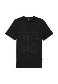 Sort t-shirt med et detaljeret teknisk blueprint af en Formel 1-bil, med et Puma-logo og et Ferrari-embleme nederst.