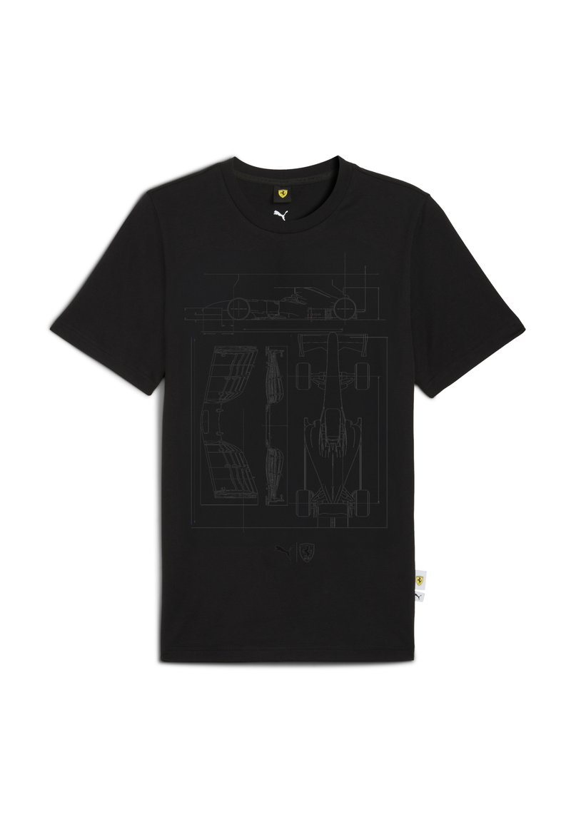 Sort t-shirt med et detaljeret teknisk blueprint af en Formel 1-bil, med et Puma-logo og et Ferrari-embleme nederst.
