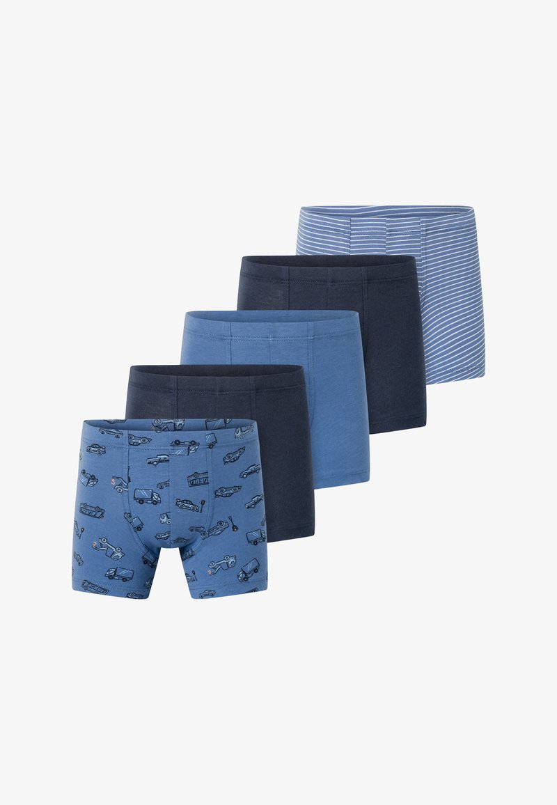 Five pairs of boxer briefs in varying shades of blue, featuring a car pattern on the front pair, solid colors, and thin stripes on others.