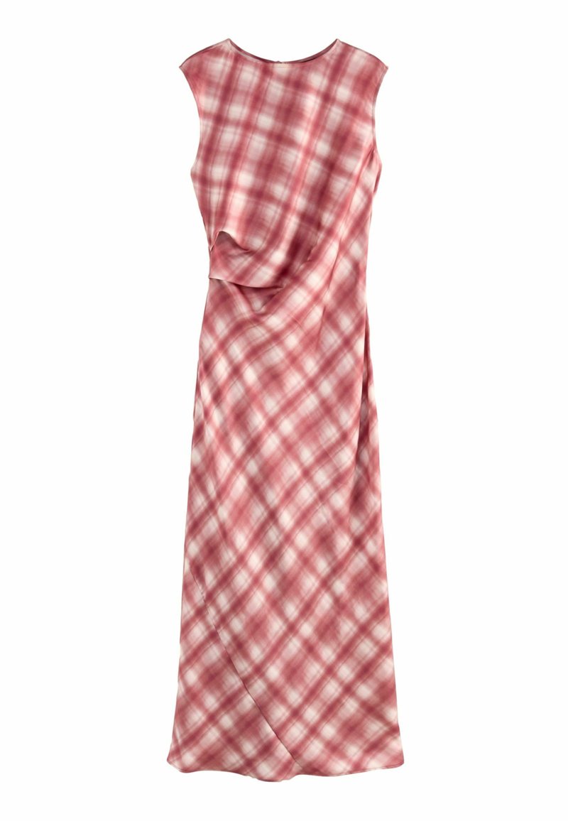 Langes, ärmelloses Kleid aus leichter Stoffqualität mit einem pinkfarbenen Karo-Muster und weißen Akzenten sowie einem drapierten Detail an der Seite.
