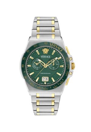 Zegarek chronograf Versace z zieloną tarczą, złoto-srebrną bransoletą ze stali nierdzewnej, podwójnymi subtarczami, okienkiem daty i złotymi akcentami.