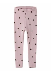 Rosa Leggings mit einem elastischen Bund, die ein Muster aus kleinen schwarzen Herzen aufweisen, die gleichmäßig über den Stoff verteilt sind.