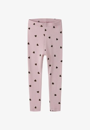 Leggings roses avec une taille élastique, arborant un motif de petits cœurs noirs uniformément répartis sur le tissu.