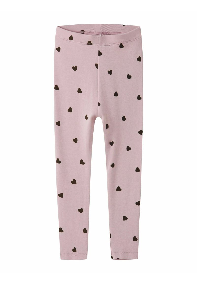 Rosa Leggings mit einem elastischen Bund, die ein Muster aus kleinen schwarzen Herzen aufweisen, die gleichmäßig über den Stoff verteilt sind.