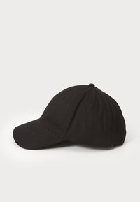 Black baseball cap made of cotton with a curved brim, eight-panel design, and a stitched logo on the side. Lightweight texture and simple design.