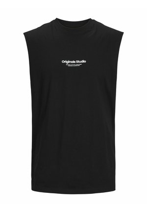 Mustapaita, jossa ei ole hihoja ja joka on valmistettu puuvillasta. Tässä on pyöreä kaula-aukko ja valkoinen "Originals Studio" -teksti rinnassa. Pintakuvio on sileä.