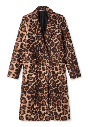 Cappotto a maniche lunghe, lunghezza al ginocchio, con fantasia maculata marrone e nera, revers a lancia, tasche con pattina e chiusura a un bottone.