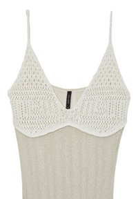 Top in maglia color beige chiaro con scollatura in pizzo all'uncinetto tessuto, spalline regolabili e etichetta cucita al centro della schiena.