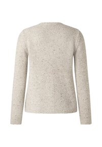 Hellgrauer Strickpullover mit langen Ärmeln, rundem Halsausschnitt, strukturiertem Stoff mit subtilen Sprenkeln und lockerer Passform.
