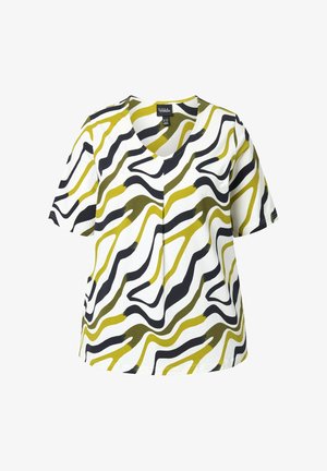 Kurzärmliges V-Ausschnitt-Oberteil mit wellenförmigen schwarzen, olivgrünen und gelben Streifen auf weißem Hintergrund, auf einem weißen Hintergrund präsentiert.