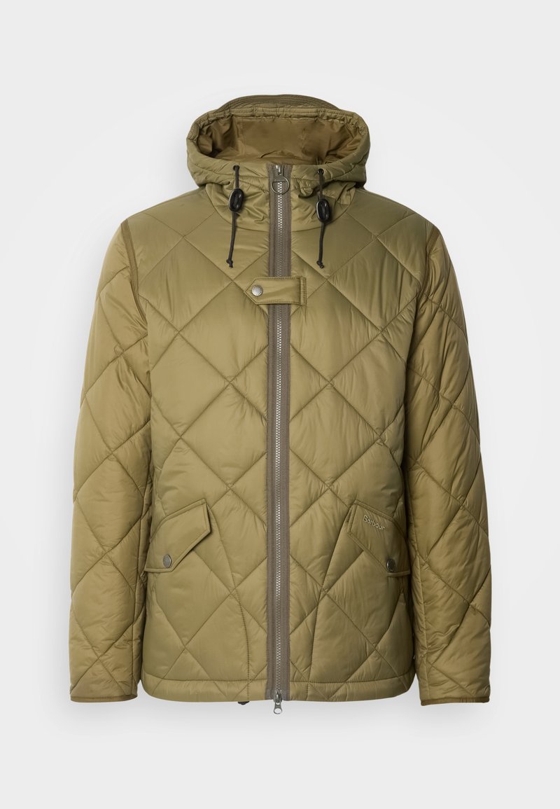 Giacca trapuntata verde oliva con cappuccio, dotata di zip centrale, chiusure a scatto e due tasche applicate sul davanti. Tessuto morbido.