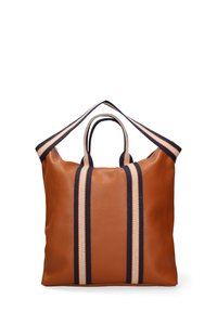 Borsa a spalla in pelle marrone con due manici corti e un'ampia apertura, caratterizzata da audaci strisce navy e arancioni sul davanti. Superficie testurizzata.