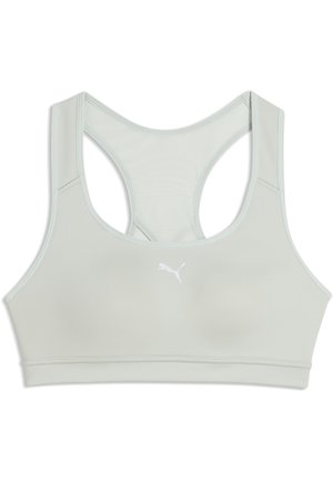 Brassière de sport gris clair avec dos nageur, petit logo Puma blanc centré sur le devant et larges bretelles.