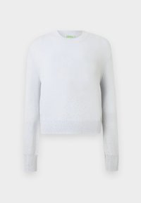 Vit kortärmad tröja med långa ärmar, rund hals och ribbade mudd. Har en subtil glittrande textur och spridda silverdetaljer.