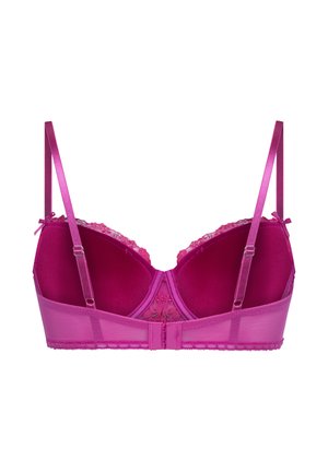 Paarse kanten beha met verstelbare bandjes, haak-en-oogsluiting aan de achterkant en een mesh band.