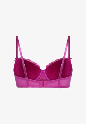 Paarse kanten beha met verstelbare bandjes, haak-en-oogsluiting aan de achterkant en een mesh band.
