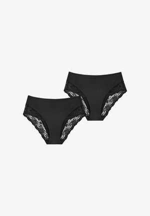 Czarne bawełniane majtki z koronkowym wykończeniem, z kwiatowymi wzorami po bokach, oferujące kontrastującą teksturę między gładkim materiałem a koronkowymi akcentami.