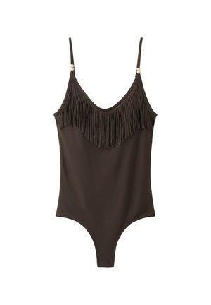 Body sin mangas de color marrón oscuro con tirantes finos ajustables y detalles de flecos en el pecho.
