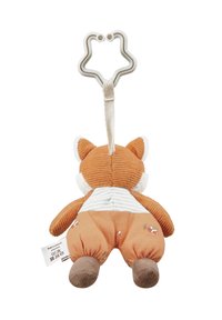 Stuffed fox toy in orange corduroy with white accents, featuring a star-shaped clip and striped fabric on the back. Notable tail and stitching details.