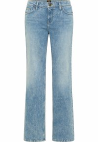 Ljusblå denimjeans med rak bendesign, som har fem fickor och knäppning. Diskret tvätt och texturerad yta.