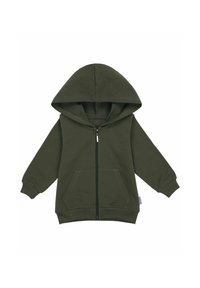 Zielona bluza z kapturem na zamek, wykonana z miękkiej bawełny. Posiada duży kaptur, przednie kieszenie oraz prążkowane mankiety o gładkiej fakturze.