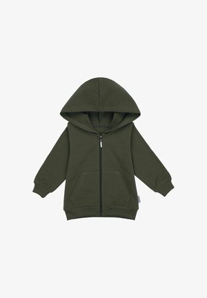 Zielona bluza z kapturem na zamek, wykonana z miękkiej bawełny. Posiada duży kaptur, przednie kieszenie oraz prążkowane mankiety o gładkiej fakturze.