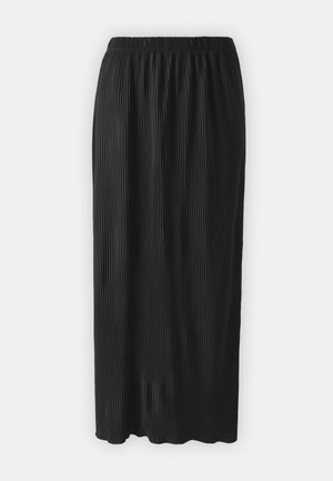 Gonna lunga nera plissettata con cintura elastica; il tessuto testurizzato crea linee verticali su tutto il capo.
