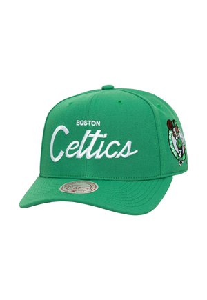 Green baseball cap with white "Boston Celtics" script and team logo on the side, featuring a flat brim and adjustable back.