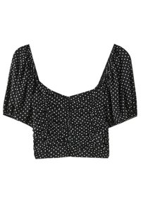 Schwarze bauchfreie Bluse mit weißen Punkten, ausgestattet mit einem quadratischen Ausschnitt, kurzen Puffärmeln und geraffter Textur entlang des Körpers.