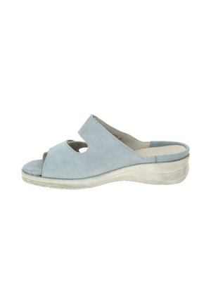 Light blue suede open-toe slip-on sandal with cushioned insole and low white rubber sole, side view.