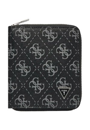 Portafoglio nero con chiusura a zip realizzato in materiale sintetico testurizzato, con motivo logo intrecciato grigio e un piccolo triangolo metallico del marchio.